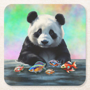 Porta-copo De Papel Quadrado Panda contempla peixes coloridos nadando