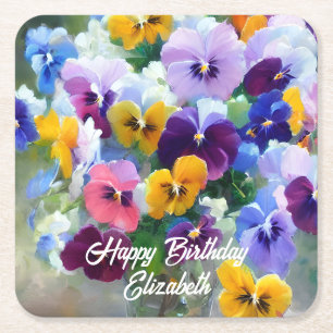 Porta-copo De Papel Quadrado Pansies Happy Birthday