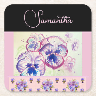 Porta-copo De Papel Quadrado Pansies Rosa Pansy Aquarela Flor Arte Floral