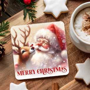 Porta-copo De Papel Quadrado Papai Noel Alegre e Renas Rudolph Suportes de Nata