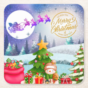 Porta-copo De Papel Quadrado Papai Noel Feliz Natal Árvore Presente & Feliz Ano