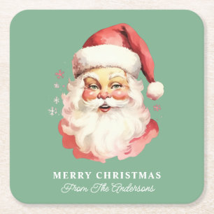Porta-copo De Papel Quadrado Papai Noel Retro Verde Nome Personalizado Natal