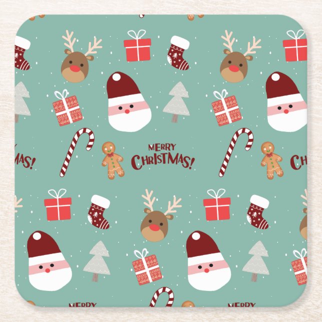 Porta-copo De Papel Quadrado Papais noeis Bonitos Reindeer Candy Cane Gingerpão (Frente)