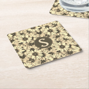 Porta-copo De Papel Quadrado Papel Absorvente Girassol Vintage Charme Tom Sépia