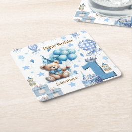 Porta-copo De Papel Quadrado Papel Coasters Feliz 1º Aniversário Urso Azul