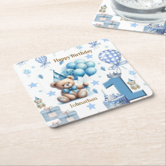 Porta-copo De Papel Quadrado Papel Coasters Feliz 1º Aniversário Urso Azul