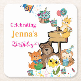 Porta-copo De Papel Quadrado Papel Coasters Feliz Aniversário Raposa Pássaro Fi