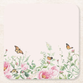 Porta-copo De Papel Quadrado Papel Floral de Peônia e Borboleta em Aquarela Ele