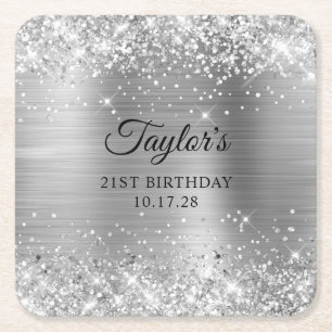 Porta-copo De Papel Quadrado Papel Prateado Brilhante Aniversário de 21 anos