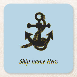 Porta-copo De Papel Quadrado Paper Coaster - Ship's Black Anchor and name