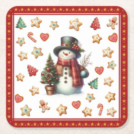 Porta-copo De Papel Quadrado Paper Coaster Snowman and Christmas Cookies Red