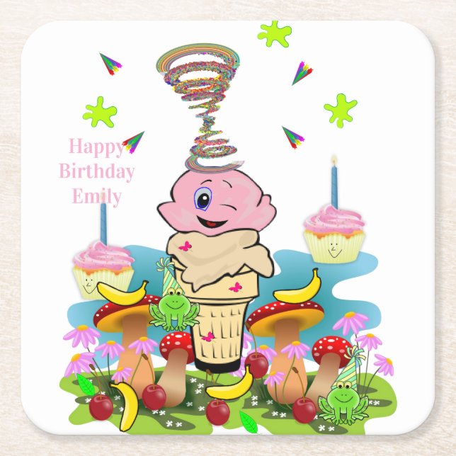 Porta-copo De Papel Quadrado Paper Coasters Happy Birthday Pink Cupcake  (Frente)