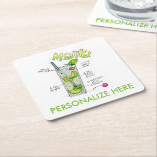 PORTA-COPO DE PAPEL QUADRADO PAPER COASTERS - RECEITA DE MOJITO COQUETEL ARTE