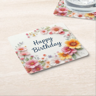 Porta-copo De Papel Quadrado Parabéns Aniversário Elegante Coroa Floral