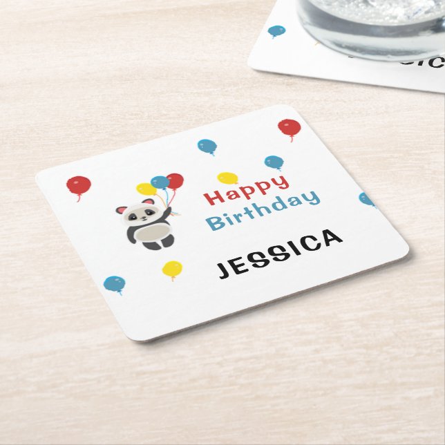Porta-copo De Papel Quadrado Parabéns Panda Urso Branco (Inclinado)