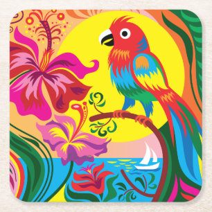 Porta-copo De Papel Quadrado Paraíso de Papagaios Tropicais