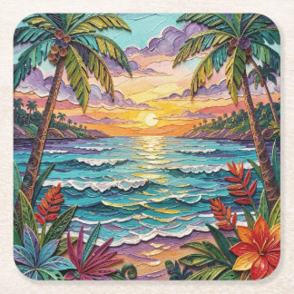 Porta-copo De Papel Quadrado Paraíso Tropical | Cena de Praia Costeira Impasto