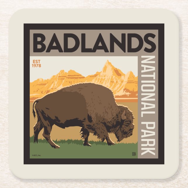 Porta-copo De Papel Quadrado Parque Nacional Badlands | Buffalo (Frente)