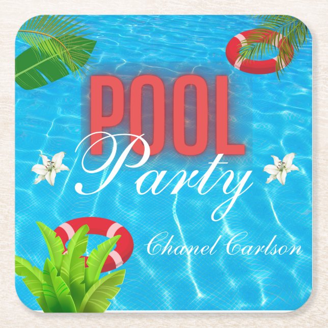 Porta-copo De Papel Quadrado Partido da Piscina Tropical | Aniversário de Verão (Frente)
