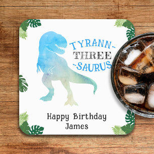 Porta-copo De Papel Quadrado Partido Dinossauro aniversário de 3 anos Azul Tyra