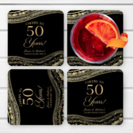 Porta-copo De Papel Quadrado Partido Elegante Black Dourado Agate 50º Aniversár