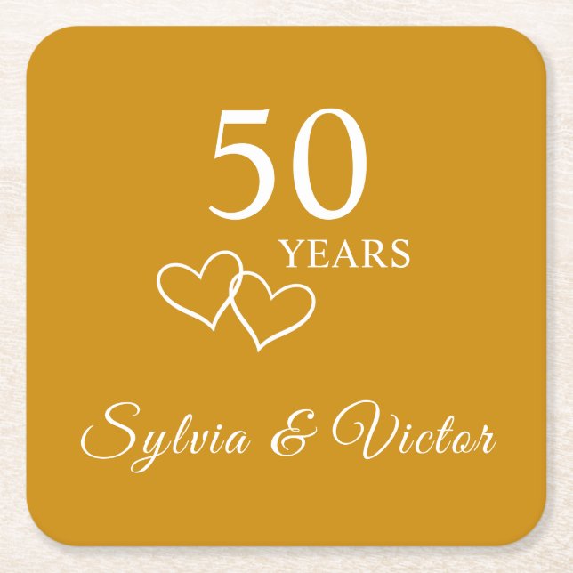 Porta-copo De Papel Quadrado Partido Elegante Personalizado do Ouro 50º Anivers (Frente)