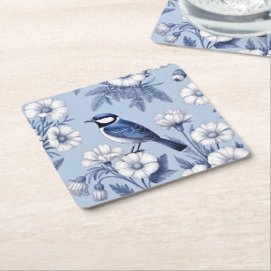 Porta-copo De Papel Quadrado Pássaro Azul Elegante e Padrão Floral Branco
