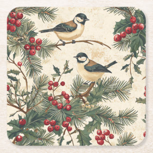 Porta-copo De Papel Quadrado Pássaro Canoro Patrimônio Holly Natal Creme Flores