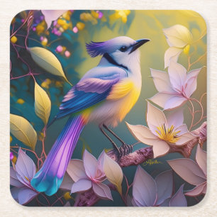 Porta-copo De Papel Quadrado Passaro Fantasia Violeta Tuftada Amarelo Peito