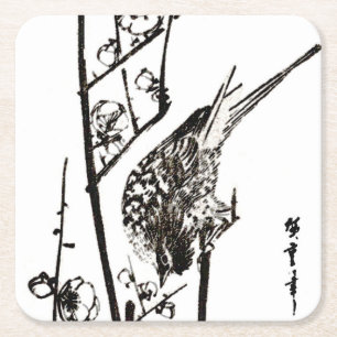 Porta-copo De Papel Quadrado Pássaro japonês em um ramo - preto e branco