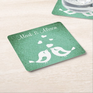 Porta-copo De Papel Quadrado Pássaros de Amor Verde Elegante Personalizado