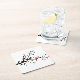 Porta-copo De Papel Quadrado Pássaros do Amor em Ramificação - Arte Romântica e