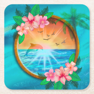Porta-copo De Papel Quadrado Pássaros do Oceano Praia Summer voam no céu e mina
