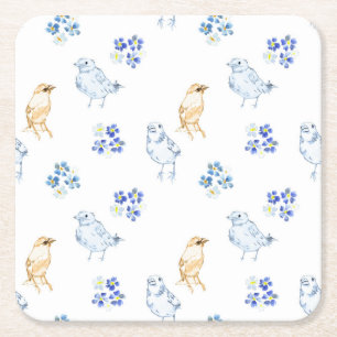 Porta-copo De Papel Quadrado Pássaros pastéis fofos e padrão contínuo floral