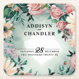 Porta-copo De Papel Quadrado Pastel Flower Elegance: Casamento Floral Verde Sag