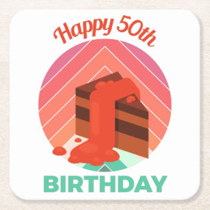 Porta-copo De Papel Quadrado Pastel Happy 50th Festa de aniversário Cake Piece