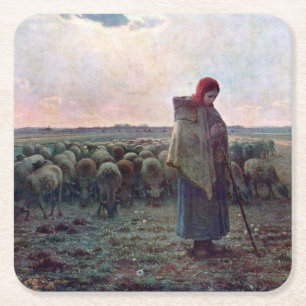 Porta-copo De Papel Quadrado Pastores com seu rebanho, Jean-Francois Millet