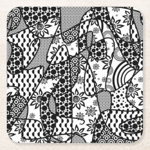 Porta-copo De Papel Quadrado Patchwork de Padrão Preto e Branco 03