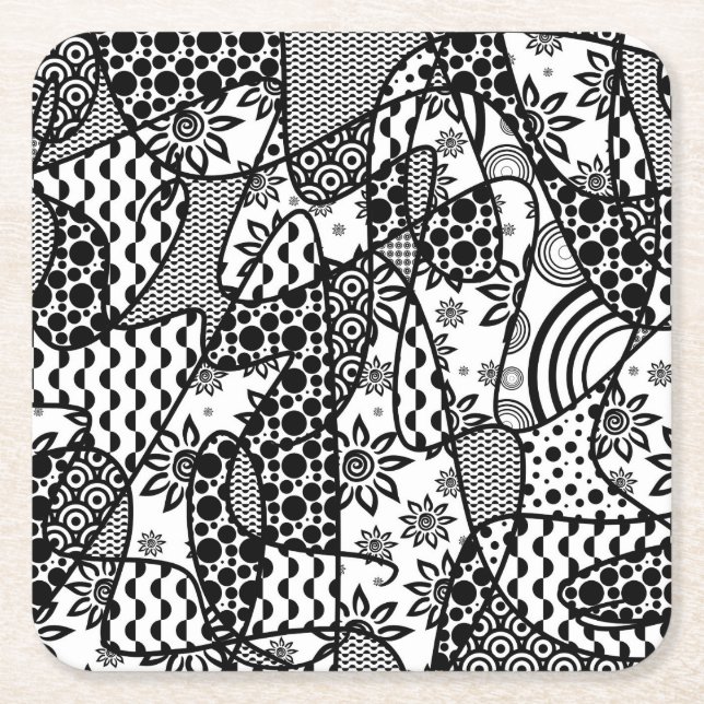 Porta-copo De Papel Quadrado Patchwork de Padrão Preto e Branco 03 (Frente)