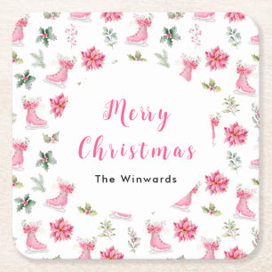 Porta-copo De Papel Quadrado Patins de gelo rosa floral de Natal Feliz Natal