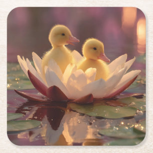 Porta-copo De Papel Quadrado Patos Adoráveis em Flor de Água