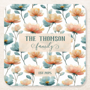 Porta-copo De Papel Quadrado Patrimônio Floral em Aquarela Vintage da Família