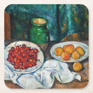 Porta-copo De Papel Quadrado Paul Cezanne - Ainda vive com cerejas e caçadores