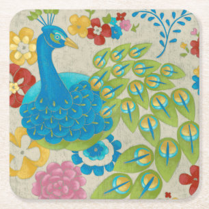 Porta-copo De Papel Quadrado Pavão e flores coloridos
