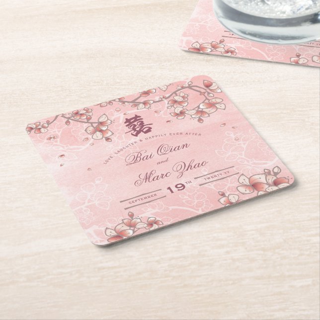 Porta-copo De Papel Quadrado Peach Blossoms Dupla Felicidade Casamento Chinês (Inclinado)