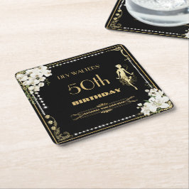 Porta-copo De Papel Quadrado Pearls White Floral Art Deco Gatsby 20s Aniversári