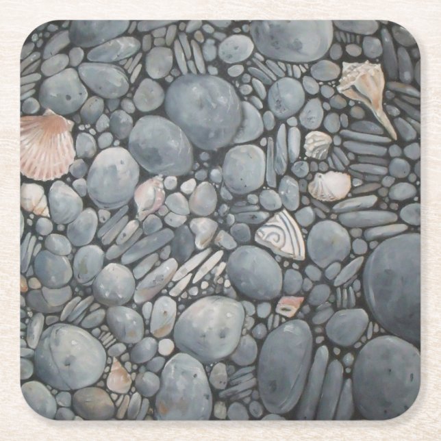 Porta-copo De Papel Quadrado Pedras de Praia Conchas Pebbles Rochas Pintura (Frente)