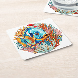 Porta-copo De Papel Quadrado Peixes Tropicais Vibrações Coloridas de Verão