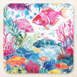 Porta-copo De Papel Quadrado Peixes Tropicais Vibrantes Padrão de Vida Marinha