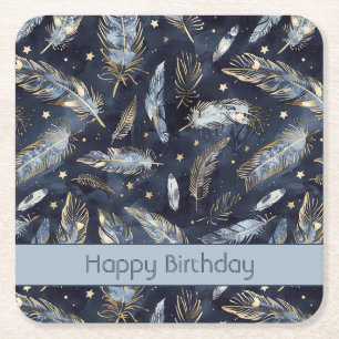 Porta-copo De Papel Quadrado Penas Estrelas Aniversário Azul Dourado